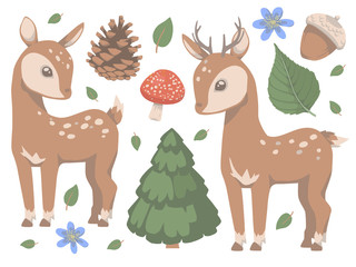 Obraz premium Collection of cute cartoon style forest animal deer with mushroom, pine tree, flowers and leaves vector illustration