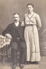 RUSSIA - CIRCA 1905-1910: Shot of married couple in studio, Vintage Carte de Viste Edwardian era photo