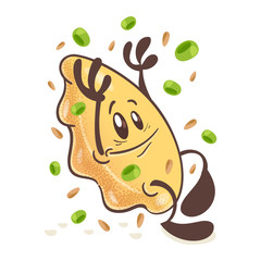 Japanese fried dumplings Gyoza. Fun cartoon character.Surrounded by spices. On white background. Vector
