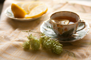 Tea with lemon in a cup with a saucer.