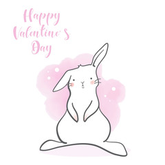Cute rabbit in cartoon style. Valentines day theme. Hand drawn lettering. Vector illustration. Elements for greeting card, poster, banners. T-shirt, notebook and sticker design