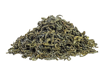 Heap of Chinese green tea on a white background. Full depth of field.