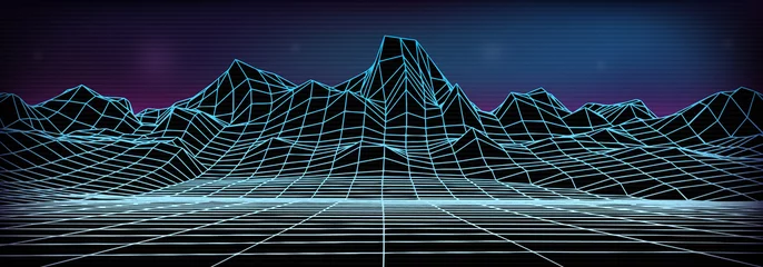  Abstracte draadframe landschap achtergrond. Cyberspace neon blauw raster. 3D-berg vectorillustratie. © greens87