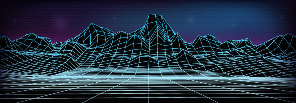 Abstract Wireframe Landscape Background. Cyberspace Neon Blue Grid. 3d Mountine Vector Illustration.