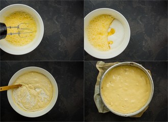 raw dough (eggs, flour and other ingredients recipe). food background. copy space