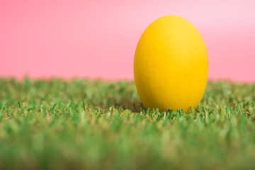 Fototapeta na wymiar Yellow easter eggs clean on grass and pink background