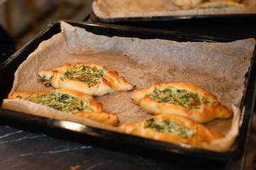 Fresh close up georgia adjarian Khachapuri with spinach and cheese filling in baking tray
