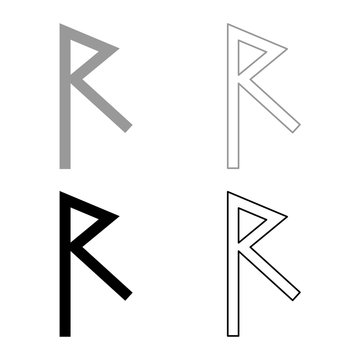 Raido rune raid symbol road icon set grey black color illustration outline flat style simple image