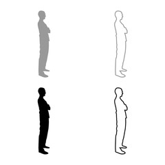 Man standing with hands crossed Dentist surgeon in medical clothes with folded hands on his chest Concept of the end of surgery operation Side view icon set grey black color illustration outline