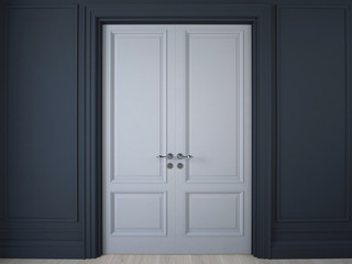 3D illustration. Dark wall with panelling and double doors