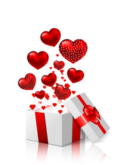 open gift box lights and heart balloons on white background