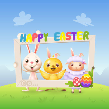 Happy cute bunny chicken and lamb celebrate Easter with social network photo frame - spring landscape background