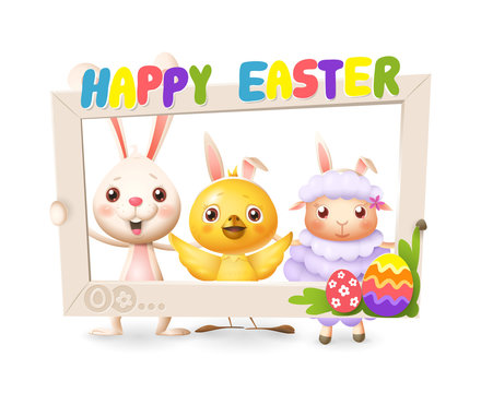 Easter animals - Happy cute bunny chicken and lamb celebrate Easter with social network photo frame - isolated on white background