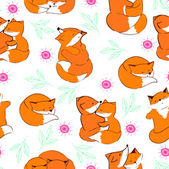 vector seamless pattern with foxes and twigs