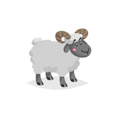 Cartoon ram with horns. Wooly cute male farm animal stay. Vector trendy design illustration isolated on white background.