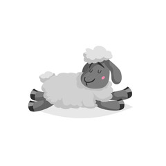 Cartoon sheep sleeping or relaxing. White wool and black skin cute farm animal lie. Vector trendy design illustration isolated on white background.