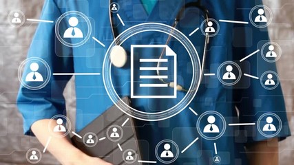 Doctor pushing button file virtual healthcare network on virtual panel. - Powered by Adobe