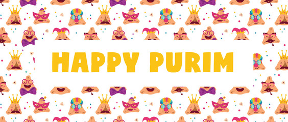 Happy Purim carnival with funny hamantashen - invitation - greeting