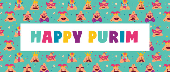 Happy Purim banner with funny hamantashen - invitation - greeting - vector