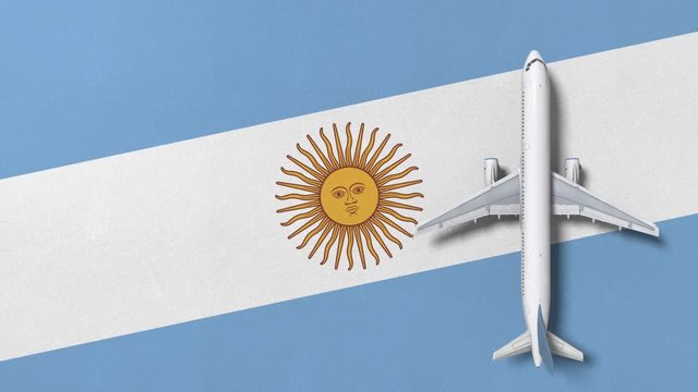 Top-down view of the airplane on the flag of Argentina. Tourism related conceptual 3D animation