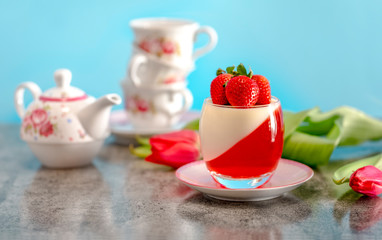 Panna Cotta on blue background in Valentines Day