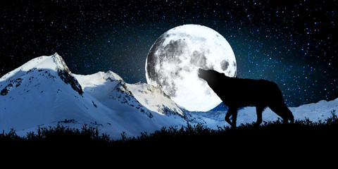Wolf howling at the full moon with the backdrop of snow-capped mountains