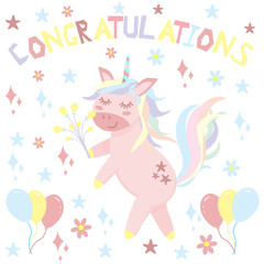unicorn congratulates - vector illustration, eps