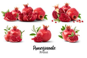 Set with different fresh ripe pomegranate iolated on white background