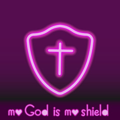 Obraz premium Neon shield with a cross. The biblical inscription 