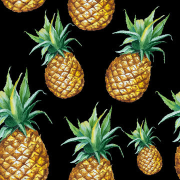 Seamless watercolor pattern with hand drawn pineapple isolated on black background