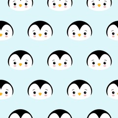 Seamless Pattern of Cute Cartoon Penguin Design on Blue Background
