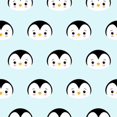 Seamless Pattern of Cute Cartoon Penguin Design on Blue Background