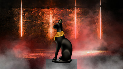 Egyptian asbstract background, goddess of Egypt Bastet, abstract neon bokeh background, rays