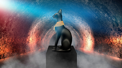 Egyptian asbstract background, goddess of Egypt Bastet, abstract neon bokeh background, rays