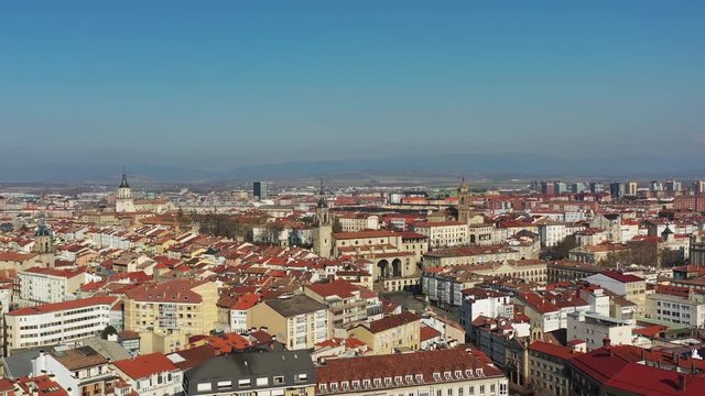 Aerial view of cityscape of Vitoria-Gasteiz, capital city of the Basque Autonomous Community, beautiful historic square Andre Maria Zuria/Virgen Blanca from above - landscape panorama of Spain, Europe