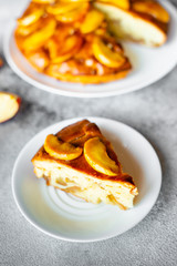 Food, dessert, pastries, pie. Tasty beautiful apple pie on a concrete background