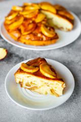 Food, dessert, pastries, pie. Tasty beautiful apple pie on a concrete background