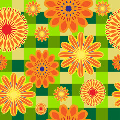seamless bright pattern of orange flowers on a green checkered background
