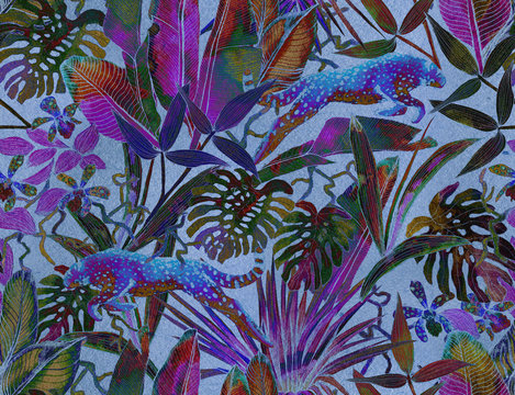 Tropical seamless pattern with tropical flowers, banana leaves and panther, leopard, cougar, wildcat