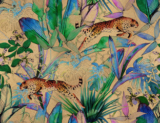 Tropisch naadloos patroon met tropische bloemen, bananenbladeren en panter, luipaard, cougar, wilde kat