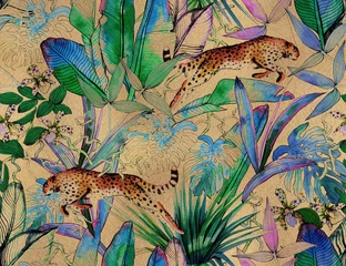 Papier peint Animaux afrique Modèle tropical sans couture avec fleurs tropicales, feuilles de bananier et panthère, léopard, couguar, chat sauvage