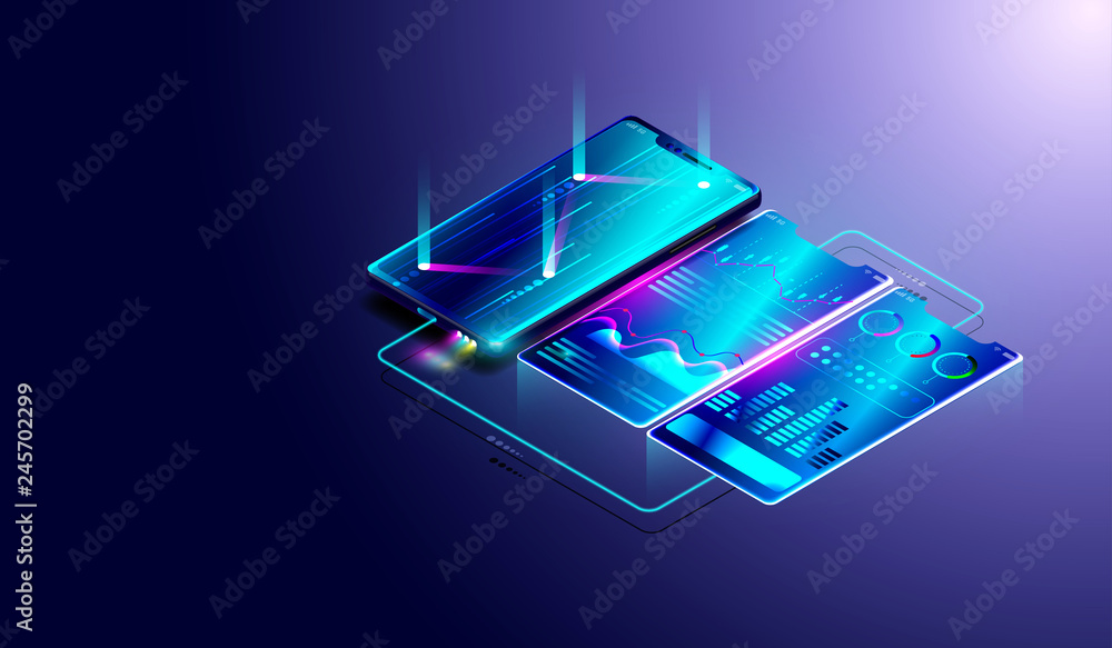 Poster business trend analysis on isometric smartphone screen with graphs and diagrams, process of financia