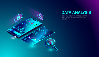 Fototapeta na wymiar Data Analysis system on smartphone, bitcoin mining, marketing, financial statistics analysis with graphs on screen. Vector