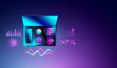 Financial statistics analysis concept on smartphone and laptop with diagrams or graph, data analysis and business planning chart on top views of computer. Vector
