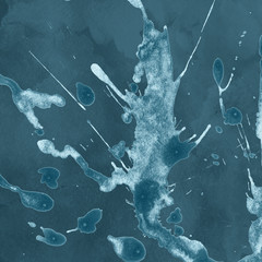 Luxury blue gold and white silver metal paint splatter effect on watercolor paper background. Gray glitter splash texture. Beautiful feminine backdrop.