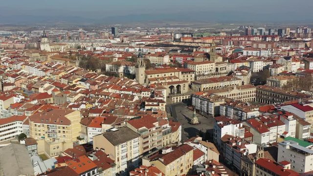 Aerial view of cityscape of Vitoria-Gasteiz, capital city of the Basque Autonomous Community, beautiful historic square Andre Maria Zuria/Virgen Blanca from above - landscape panorama of Spain, Europe