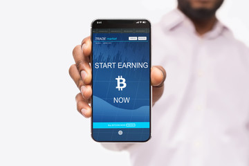 Bitcoin earning application on smartphone screen isolated