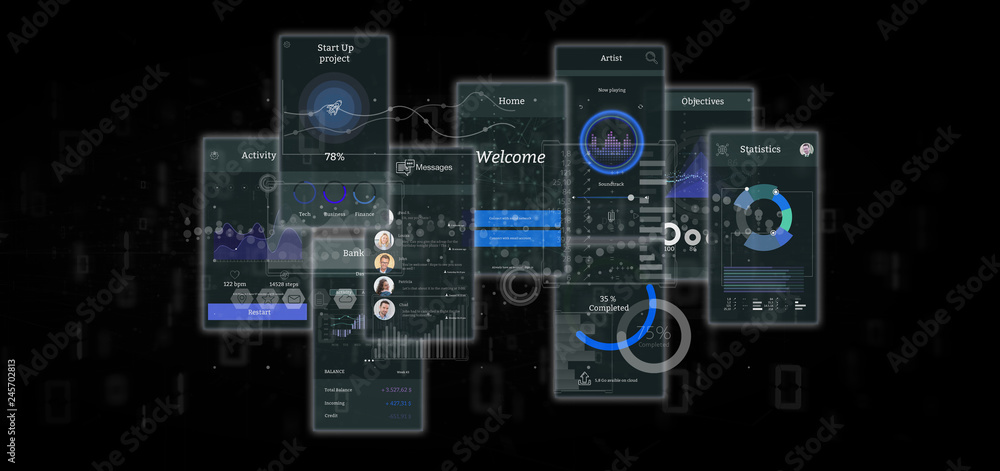 Poster user interface screens with icon, stats and data 3d rendering