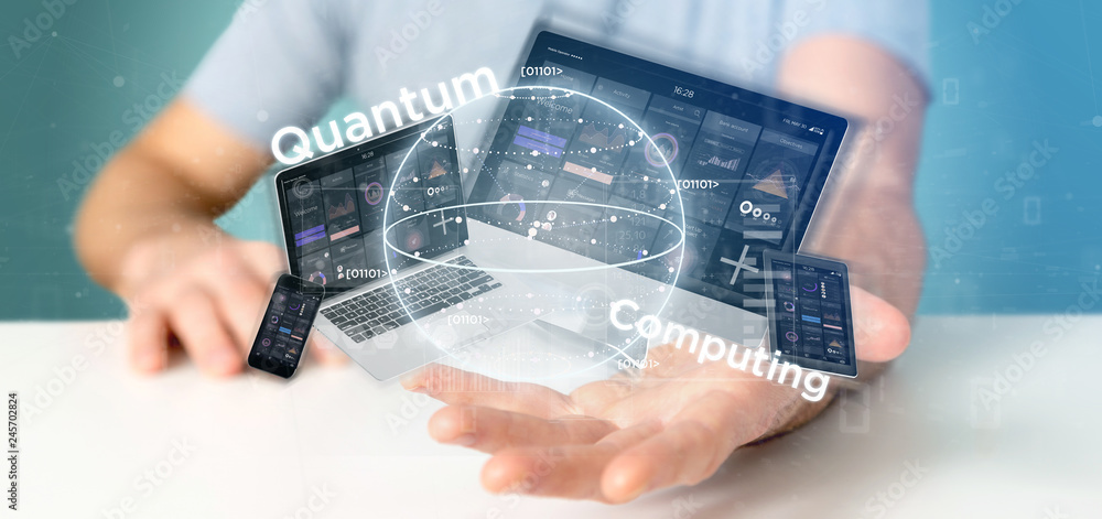 Poster businessman holding quantum computing concept with qubit and devices 3d rendering
