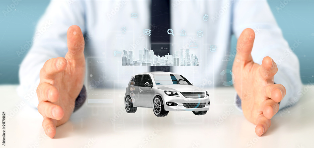 Poster businessman holding dashboard smartcar interface with multimedia icon and city map on a background 3